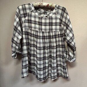 Current/Elliott Women's Babydoll Top Shirt Size 3 Plaid Gray Long Sleeve Casual